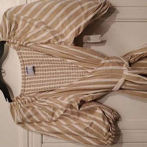 NEW Old Navy Women's Cream White Striped Midi Wrap Dress with Puffed Sleeves